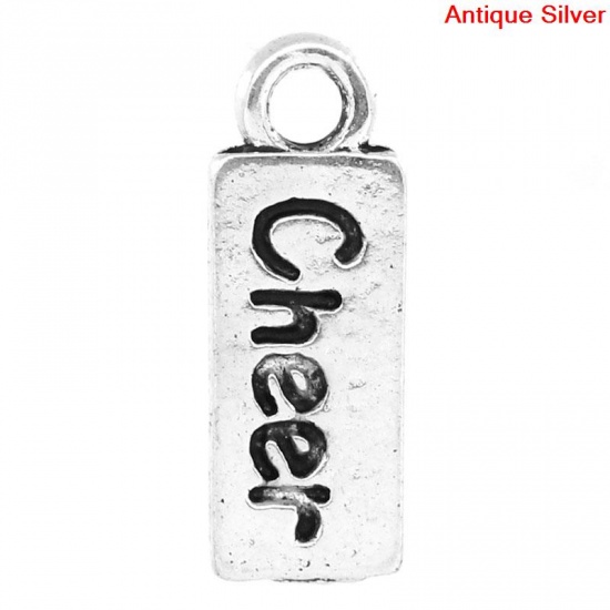 Picture of Zinc Based Alloy Charms Rectangle Antique Silver Color Message " Cheer " Carved 19mm( 6/8") x 7mm( 2/8"), 30 PCs
