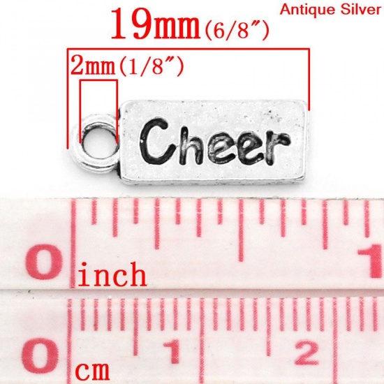Immagine di Lega di Zinco Charm Ciondoli Rettangolo Argento Antico Lettere Disegno Messaggio Cheer Intagliato 19.0mm x 7.0mm, 30 Pz