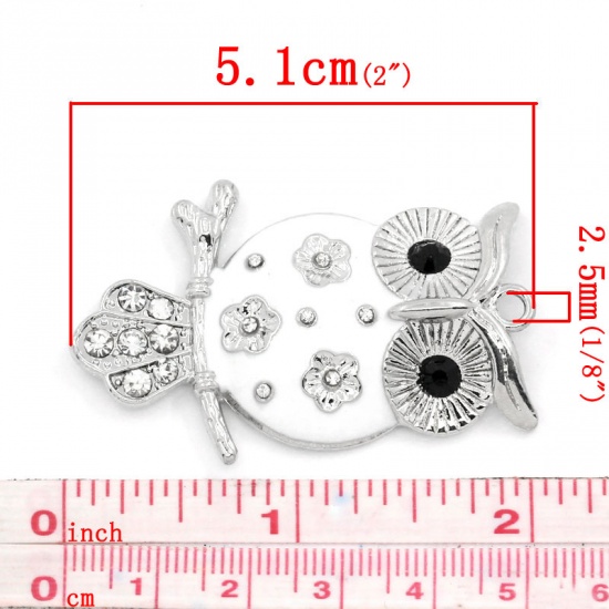 Picture of Zinc Metal Alloy Pendants Owl Animal Silver Tone White Enamel Clear & Black Rhinestone 5.1cm(2") x 3.2cm(1 2/8"), 3 PCs