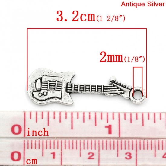 Immagine di Lega di Zinco Charm Ciondoli Chitarra Argento Antico Nulla Disegno 3.2cm x 10.0mm, 50 Pz