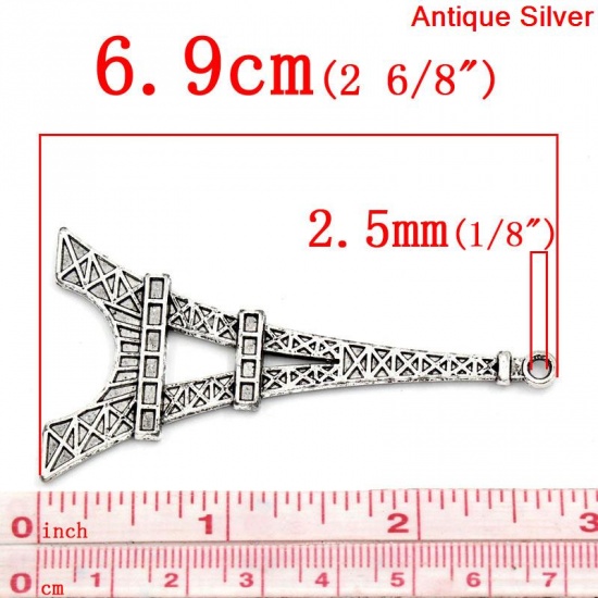 Picture of Zinc Based Alloy Pendants Travel Paris Eiffel Tower Antique Silver Color 6.9cm x 3.6cm(2 6/8"x1 3/8"), 10 PCs