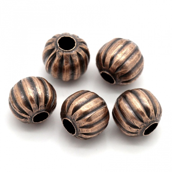 Picture of Spacer Beads Punpkin Antique Copper Stripe Carved 8x8mm,Hole:Approx 2.6mm,100PCs