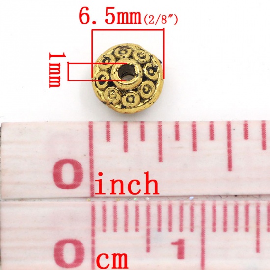 Bild von Zinklegierung Perlen Doppelkegel UFO Antik Gold Muster Geschnitzt ca. 6.5mm D., Loch:ca. 1mm, 200 Stück