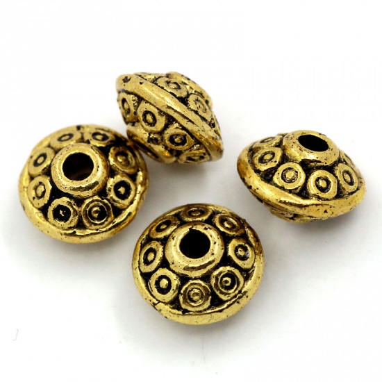 Picture of Zinc Based Alloy Spacer Beads Bicone Flying Saucer Gold Tone Antique Gold Carved About 6.5mm Dia, Hole:Approx 1mm, 200 PCs