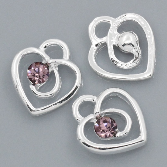 Immagine di Lega + Strass Charm Ciondoli Cuore Argento Placcato Nulla Disegno Ametista Strass 13.0mm x 12.0mm, 30 Pz