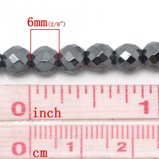 Image de Perles en Hématite Forme Rond à facettes Gun Métal, Diamètre: 6mm, Tailles de Trous: 1.0mm, 1 Enfilade 39.0cm Long/Enfliade, 70PCs/Enfilade