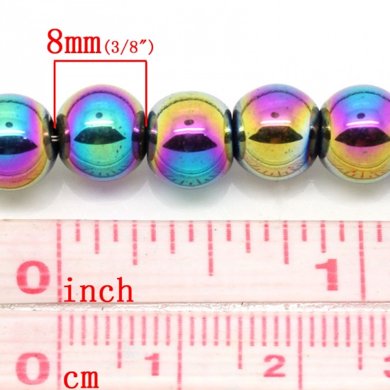 Image de Perles en Hématite Rond Multicolore Arc en Ciel 8mm Dia, Taille de Trou: 1.6mm, 38cm long, 1 Enfilade