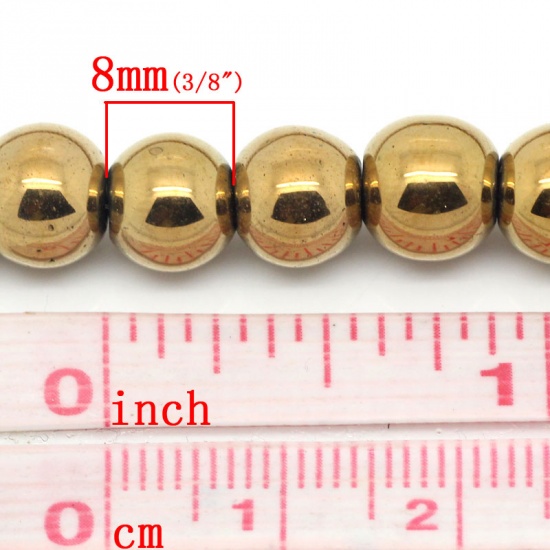 Immagine di Ematite Perline Tondo Oro Placcato Circa 8mm Dia, Foro: Circa 1.6mm, lunghezza:38cm 1 Filo （Circa 53Pezzi/Treccia)