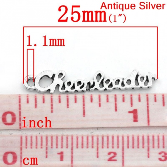 Immagine di Lega di Zinco Charm Ciondoli Irregolare Argento Antico Lettere Disegno Messaggio Cheerleader Intagliato 27.0mm x 5.0mm, 30 Pz