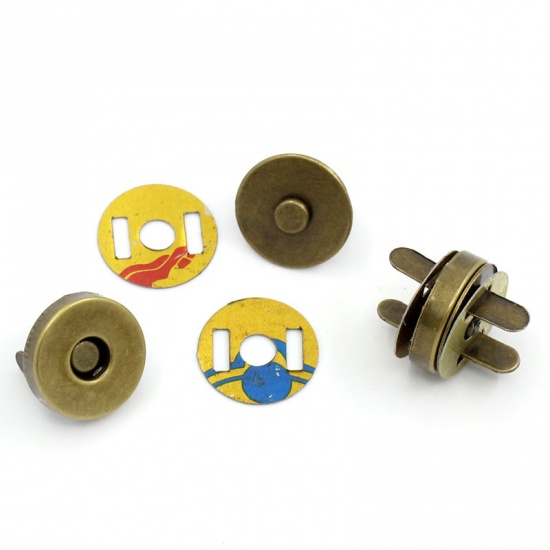 Picture of Magnetic Hematite Magnetic Snap Clasps For Purse Handbag Round Antique Bronze 14mm Dia 14mm x 9mm, 50 Sets