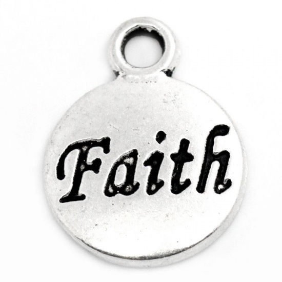 Picture of Zinc Based Alloy Charms Round Antique Silver Color Message " Faith " Carved 15mm x 12mm( 5/8"x 4/8"), 50 PCs