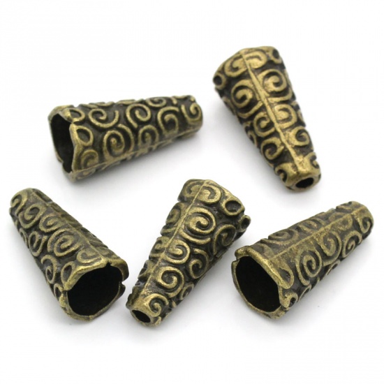 Immagine di Lega di Zinco Separatori Perline Cono Bronzo Antico Placcato Modello Disegno Circa 18.0mm x 9.0mm, Foro:Circa 2.0mm, 50 Pz