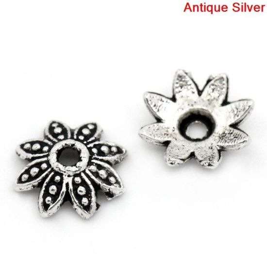 Picture of Zinc Based Alloy Beads Caps Flower Antique Silver Color Dot Pattern (Fits 10mm-12mm Beads) 8mm x 8mm, 200 PCs