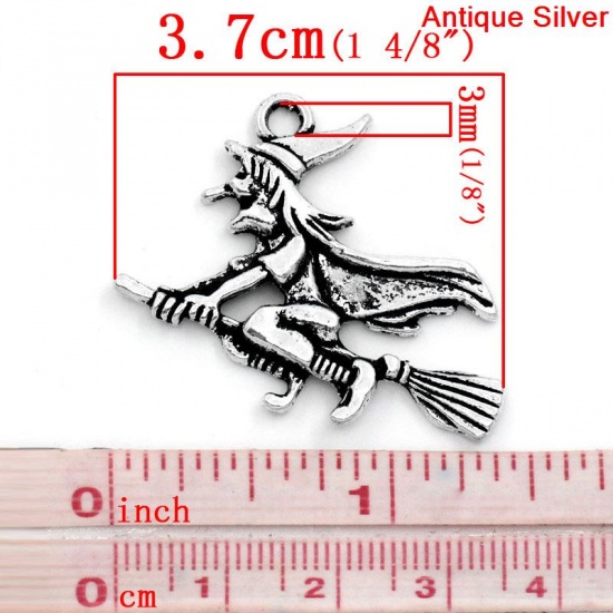 Picture of Zinc Based Alloy Pendants Halloween Wizard & Broom Antique Silver Color 3.7x2.9cm(1 4/8"x1 1/8"), 20 PCs
