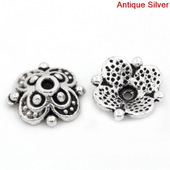 Picture of Zinc Based Alloy Beads Caps Flower Antique Silver Color (Fits 12mm-14mm Beads) 10mm x 10mm, 100 PCs