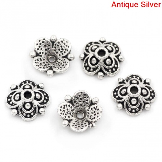 Picture of Zinc Based Alloy Beads Caps Flower Antique Silver Color (Fits 12mm-14mm Beads) 10mm x 10mm, 100 PCs