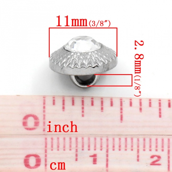 Picture of Acrylic Sewing Shank Buttons Round Gunmetal Ripple Carved Clear Rhinestone 11mm(3/8") Dia, 50 PCs