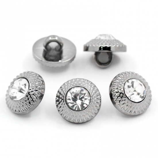 Picture of Acrylic Sewing Shank Buttons Round Gunmetal Ripple Carved Clear Rhinestone 11mm(3/8") Dia, 50 PCs