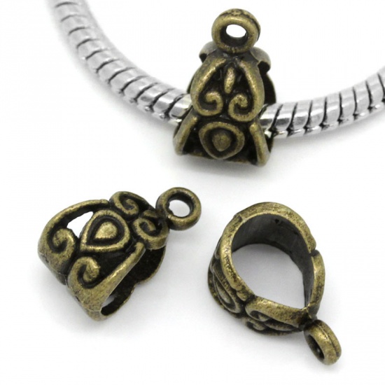 Picture of European Charm Bail Beads Antique Bronze Pattern Carved Fit European Bracelet 13.5x7.5mm,Hole:Approx 5.6x7.6mm,100PCs