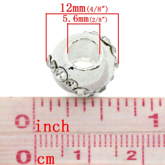 Picture of Zinc Metal Alloy European Style Large Hole Charm Beads Round Silver Plated Clear Rhinestone About 12mm x 10mm, Hole: Approx 5.6mm, 5 PCs