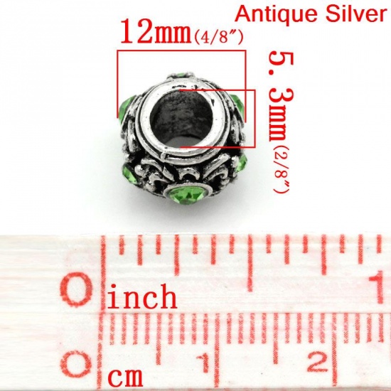 Picture of Zinc Metal Alloy European Style Large Hole Charm Beads Barrel Antique Silver Flower Carved Light Green Rhinestone About 12mm x 10.5mm, Hole: Approx 5.3mm, 10 PCs
