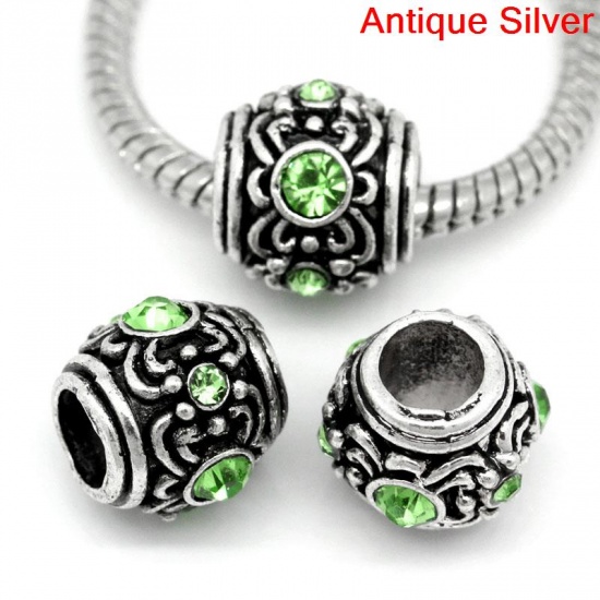 Picture of Zinc Metal Alloy European Style Large Hole Charm Beads Barrel Antique Silver Flower Carved Light Green Rhinestone About 12mm x 10.5mm, Hole: Approx 5.3mm, 10 PCs