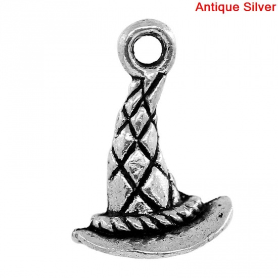 Picture of Zinc Based Alloy Halloween Charms Witch's Hat Grid Carved Antique Silver 15mm( 5/8") x 11mm( 3/8"), 50 PCs