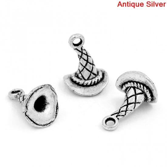 Picture of Zinc Based Alloy Halloween Charms Witch's Hat Grid Carved Antique Silver Color 15mm( 5/8") x 11mm( 3/8"), 50 PCs