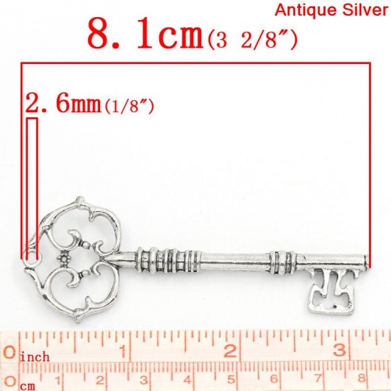 Picture of Charm Pendants Key Antique Silver Hollow 8.1x3cm,5PCs