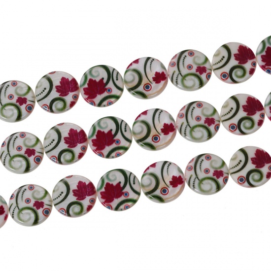 Image de Perles en Coquille Naturelle Plat-Rond Multicolore Fleurs 20mm Dia, Tailles de Trous: 1mm, 1 Enfilade, 39cm long, 19PCs/Enfilade
