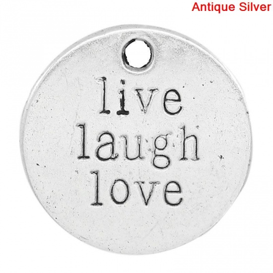 Immagine di Lega di Zinco Charm Ciondoli Tondo Argento Antico Lettere Disegno Live Laugh Love Intagliato 20.0mm Dia, 30 Pz
