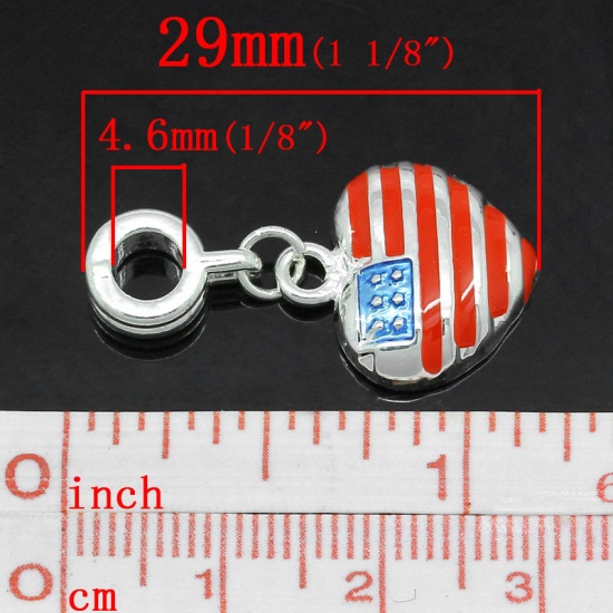 Picture of European Style Large Hole Charm Dangle Beads Heart Silver Plated American Flag Pattern Enamel 29mm x 15mm, Hole: Aprox 4.6mm, 5 PCs