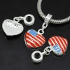 Picture of European Style Large Hole Charm Dangle Beads Heart Silver Plated American Flag Pattern Enamel 29mm x 15mm, Hole: Aprox 4.6mm, 5 PCs