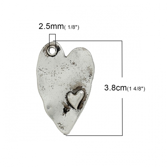 Picture of Zinc Based Alloy Pendants Heart Antique Silver 3.8cm x 2.4cm(1 4/8"x1"), 5 PCs