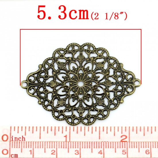 Picture of Filigree Stamping Embellishments Findings Rhombus Antique Bronze Flower Hollow Pattern 5.3cm(2 1/8") x 3.8cm(1 4/8"), 50 PCs