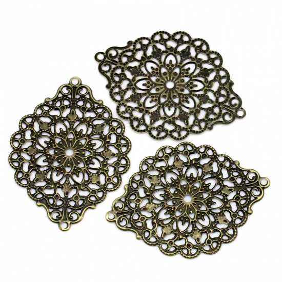 Picture of Filigree Stamping Embellishments Findings Rhombus Antique Bronze Flower Hollow Pattern 5.3cm(2 1/8") x 3.8cm(1 4/8"), 50 PCs
