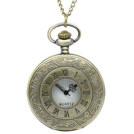 Picture of Pocket Watches Round Antique Bronze Roman Numbers Carved Battery Included 80cm long(31 4/8"),1Piece