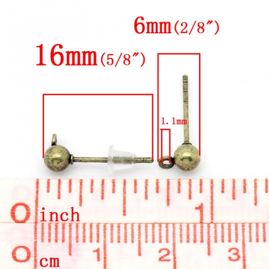 Picture of Zinc Based Alloy Ear Post Stud Earrings Findings Ball Antique Bronze W/ Loop 16mm( 5/8") x 6mm( 2/8"), Post/ Wire Size: (21 gauge), 100 PCs