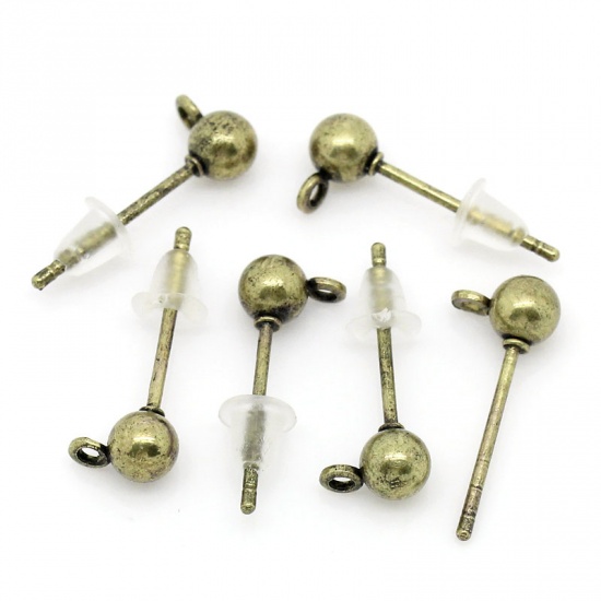Picture of Zinc Based Alloy Ear Post Stud Earrings Findings Ball Antique Bronze W/ Loop 16mm( 5/8") x 6mm( 2/8"), Post/ Wire Size: (21 gauge), 100 PCs
