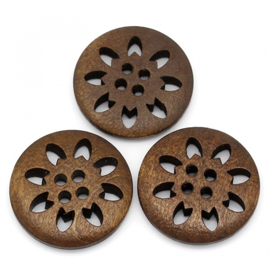 Picture of Wood Sewing Buttons Scrapbooking 4 Holes Round Brown Christmas Snowflake Carved 25mm(1") Dia, 500 PCs