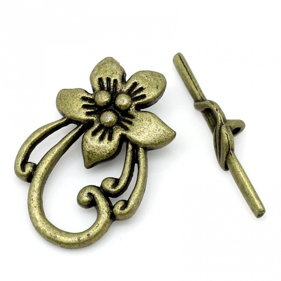 Picture of Zinc Based Alloy Toggle Clasps Flower Antique Bronze 2cm x 3cm 3cm x 0.6cm, 20 Sets