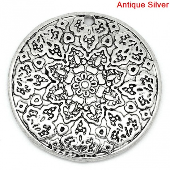 Picture of Charm Pendants Round Antique Silver Flower Pattern Carved 28mm Dia,10PCs