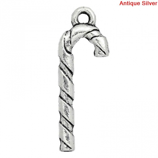 Picture of Charm Pendants Christmas Crutches Candy Cane Antique Silver 26x9mm,50PCs