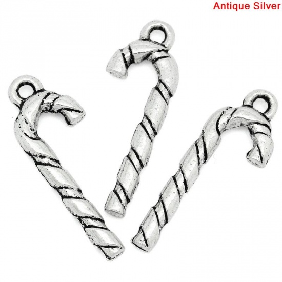 Picture of Charm Pendants Christmas Crutches Candy Cane Antique Silver 26x9mm,50PCs