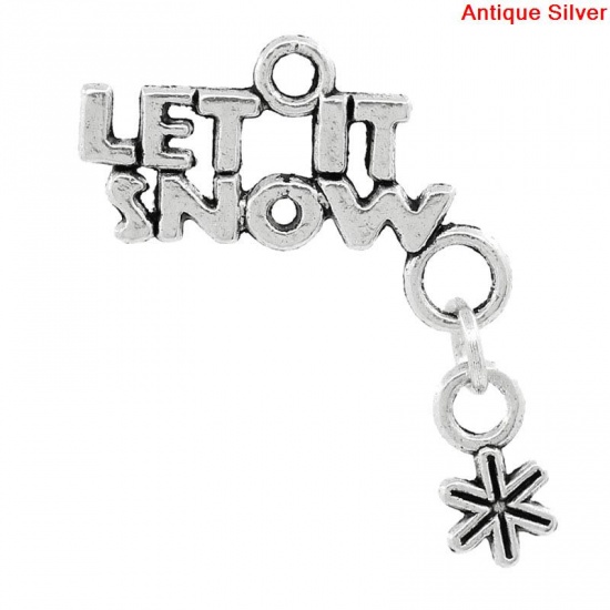 Picture of Zinc Based Alloy Charm Christmas Snowflake Antique Silver Color Message " LET IT SNOW " 28mm x 23mm(1 1/8"x 7/8"), 20PCs