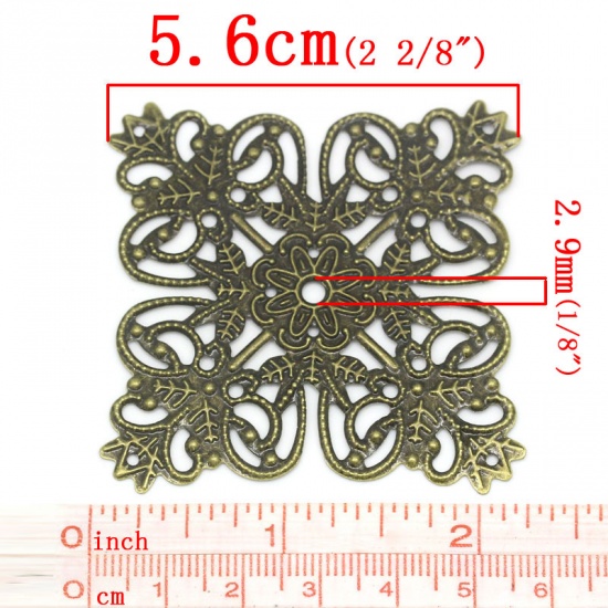 Picture of Filigree Stamping Embellishments Findings Square Antique Bronze Flower Pattern Hollow 5.6x5.6cm,30PCs