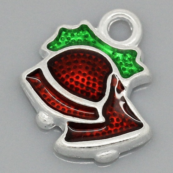 Picture of Charm Pendants Christmas Jingle Bell Silver Plated Enamel Red & Green 15x13mm,10PCs