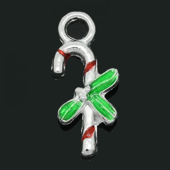 Picture of Charm Pendants Christmas Crutches Candy Cane Silver Plated Enamel Red & Green 17x8mm,10PCs