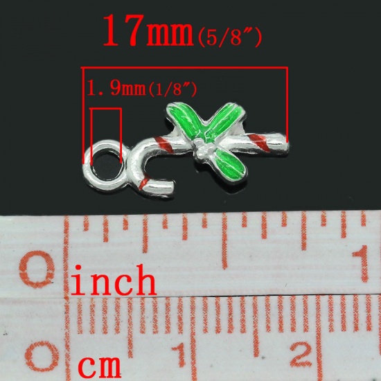 Picture of Charm Pendants Christmas Crutches Candy Cane Silver Plated Enamel Red & Green 17x8mm,10PCs