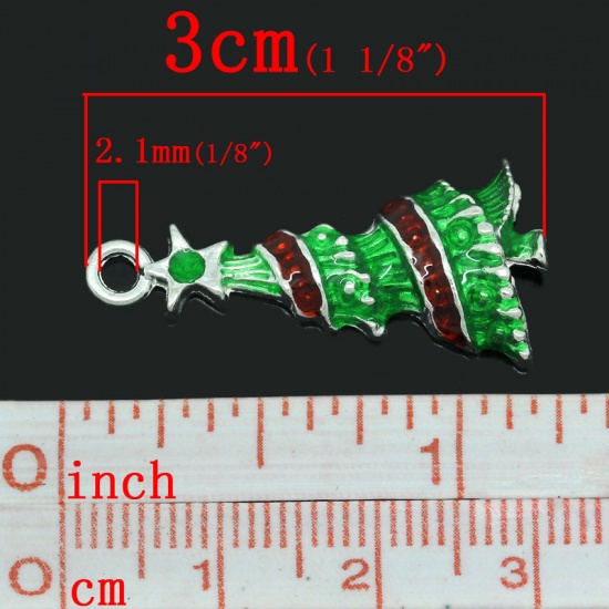 Picture of Charm Pendants Christmas Tree Silver Plated Enamel Green & Red 3x1.4cm,10PCs